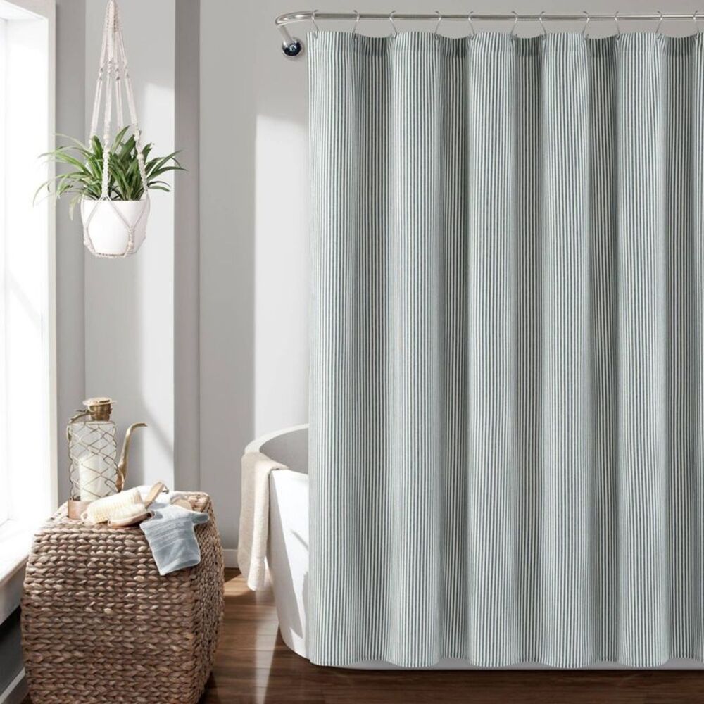 72"x72" Farmhouse Vintage Striped Cotton Shower Curtain Navy - Lush Décor